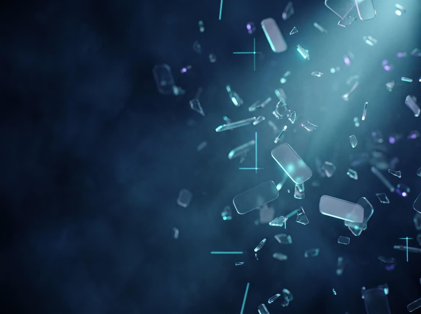 Abstract scattered glass fragments representing dispersed data points
