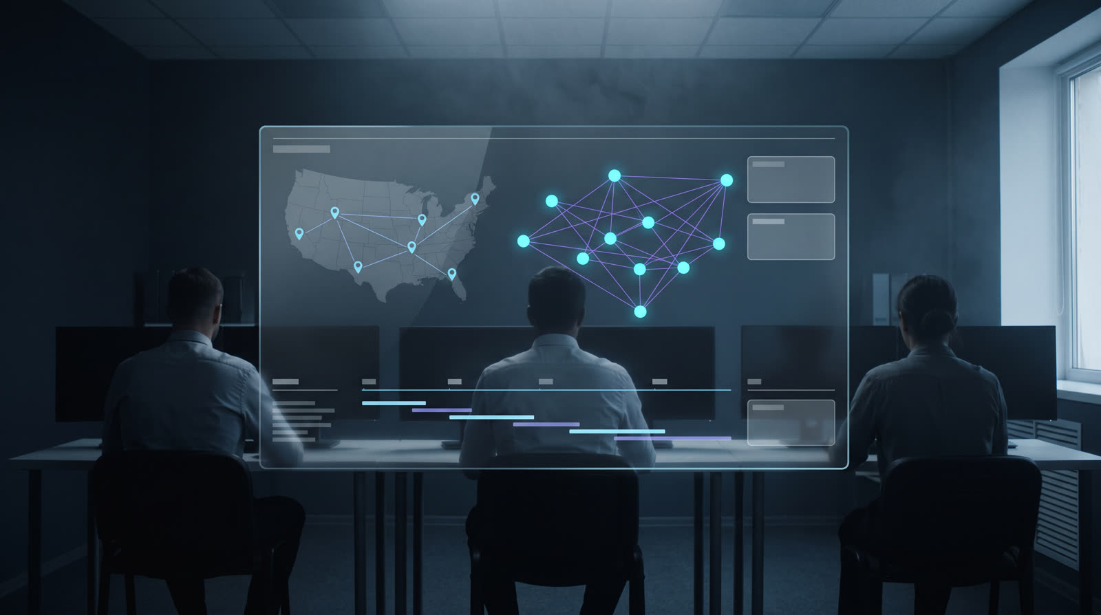 Analysts reviewing an abstract analytical panel inside an operations center